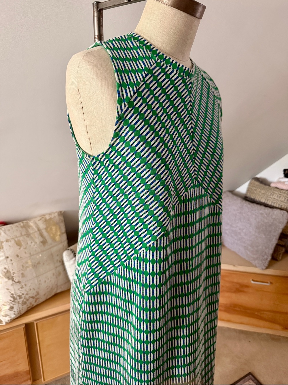 Anthropologie Green and White Sleeveless Geometric Midi Dress - Picture 6 of 7